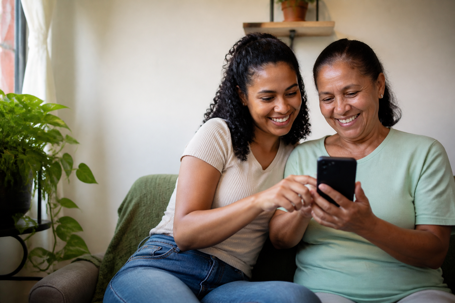 Família usando o celular para encontrar atendimento de saúde